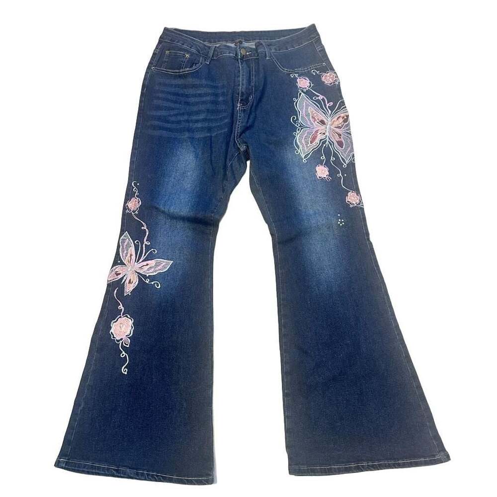 Romwe Vintage Y2K Butterfly & Rose Jacquard Embroidered Plus Size Flare Jeans